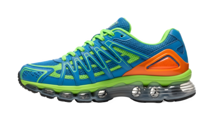 High-Tech Blue and Green Performance Sneaker with Orange Heel Detail, Transparent Cut-out with Alpha Channel