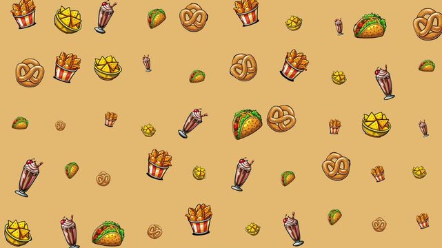 Pattern of tacos, pretzels, fries, and milkshakes. Ideal for food blogs, menus, social media posts, and restaurant promotions.