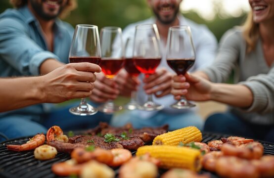 Group of friends cheers with red wine glasses at outdoor backyard bbq party. Grilled meat, shrimp, corn on grill, fresh food served during summer weekend gathering.