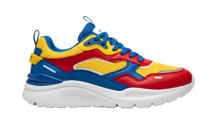 Vibrant Primary Colors Men's Sport Sneaker in Red Blue and Yellow, Clean PNG with Alpha Channel and Transparency
