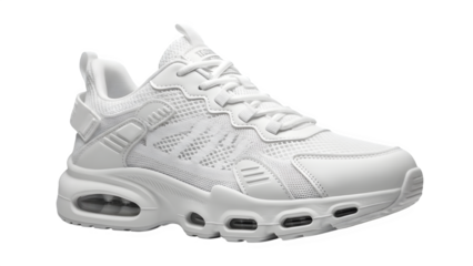 White breathable mesh athletic running shoe with air cushion sole, PNG file with background removal for sports performance and footwear technology displays.