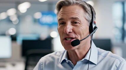 A friendly and professional senior male customer service representative actively engaging in a conversation while wearing a headset with a microphone in a modern call center office environment, provi.