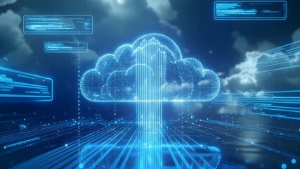 Futuristic digital cloud computing network with glowing data streams and holographic interfaces. - Powered by Adobe