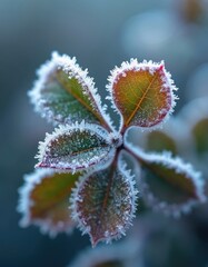 Frosted leaves display delicate ice crystals on their edges. Small green and red plant foliage is covered with winter frost. Cold morning nature detail shows delicate plant structure.