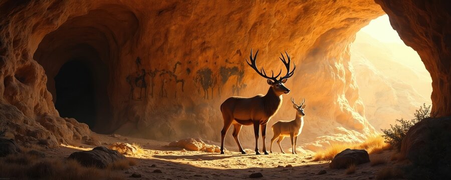 Majestic deer stands near ancient cave paintings. Warm golden sunlight illuminates the cave interior and rocks. Another young deer stands close by.