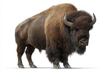 American bison with thick brown fur and curved horns standing on white background, showing strength and wild nature