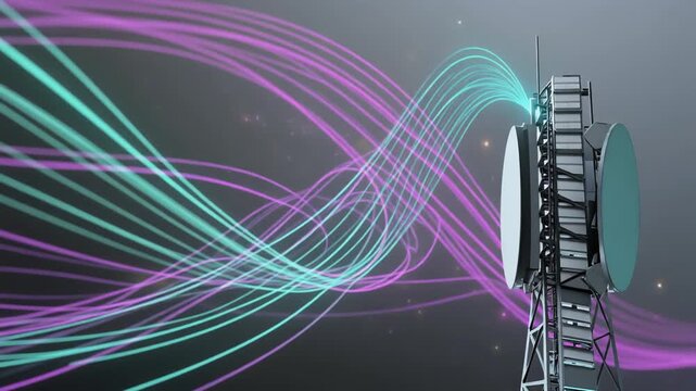 A vibrant abstract technology of transceiver tower features a blue and black pattern of glowing fractal lines, creating a colorful wave of energy and motion in a digital art wallpaper design