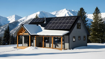 Modern Mountain Home with Solar Panels in Snowy Landscape