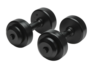 Pair of adjustable black dumbbells with round, stacked plates