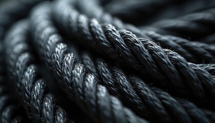 Thick black rope is tightly coiled showing rough texture. Strands twist together creating intricate dense pattern. Strong cord signals power industrial strength and durability.