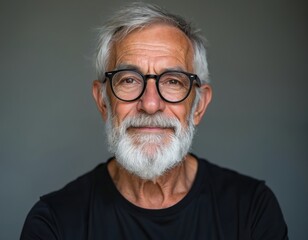 Obraz premium Elderly man with white hair and beard wears glasses and black t-shirt. He has a confident expression, thoughtful gaze, and relaxed mature portrait. Gentleman looks wise.