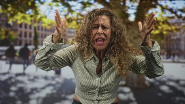 Woman raises both hands in a frustrated open palmed gesture with anguished expression on a city street plaza with trees and blurred pedestrians; frustration.