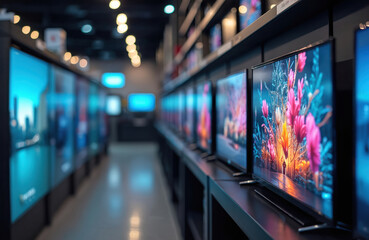 Row of modern televisions for sale in electronics store aisle. Flat screen displays show bright colorful images and cityscape scenes. Consumer electronics retail environment with many options.