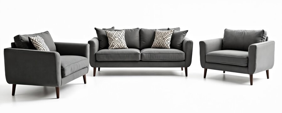Gray upholstered sofa and armchairs with geometric patterned pillows. Modern furniture set stands on dark wood legs against a white background. Cozy living room ensemble ready for use.