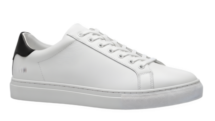 Elegant white leather designer sneaker with black heel tab, high-end footwear background removal