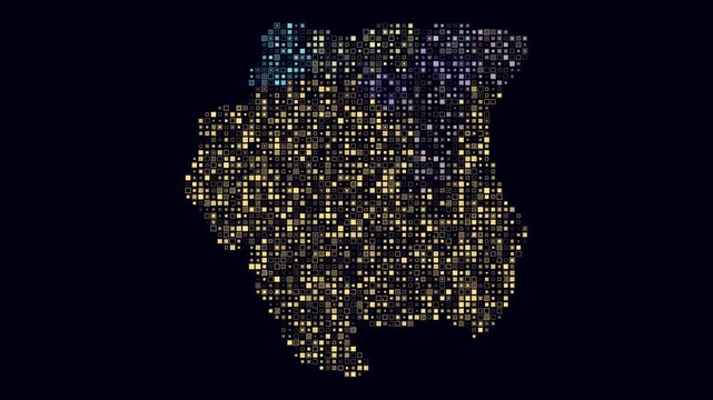 Suriname animated country shape. Pulsating colored dots on the map of the country. Small size square blocks. Digital style Suriname map on dark background. Awesome animation video.