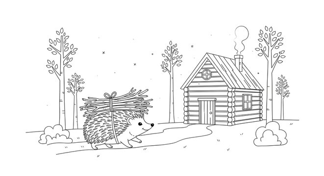Cute Hedgehog Carrying Bundle of Sticks Near Log Cabin in Forest Scene