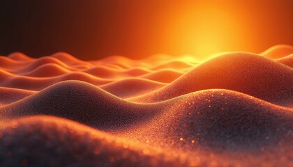Abstract warm gradient waves form honeycomb patterns. Golden light illuminates sparkling textured surfaces, creating depth and dynamic flow. This visual resembles desert landscape or molten material.