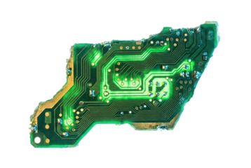 Damaged green circuit board with glowing tracks. Electronic hardware component.
