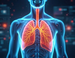 Glowing human torso shows red lungs and trachea. Digital anatomy visualization with blue outline. Medical data analysis with light particles.
