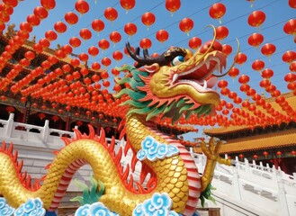 Obraz premium Golden Dragon Amidst Red Lanterns