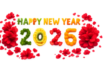 A vibrant and healthy 2026 crafted from fresh fruits and herbs, a cheerful happy New Year's message against a clean PNG transparent background.