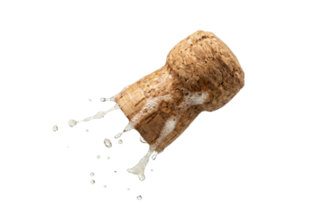 Champagne cork popping with splash isolated. Celebration drink explosion.