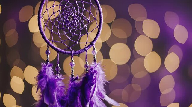 Dynamic cinematic track shot slowly moving past a large royal purple dream catcher hanging and spinning slightly against massive soft bokeh circles bokeh, meditation, hanging