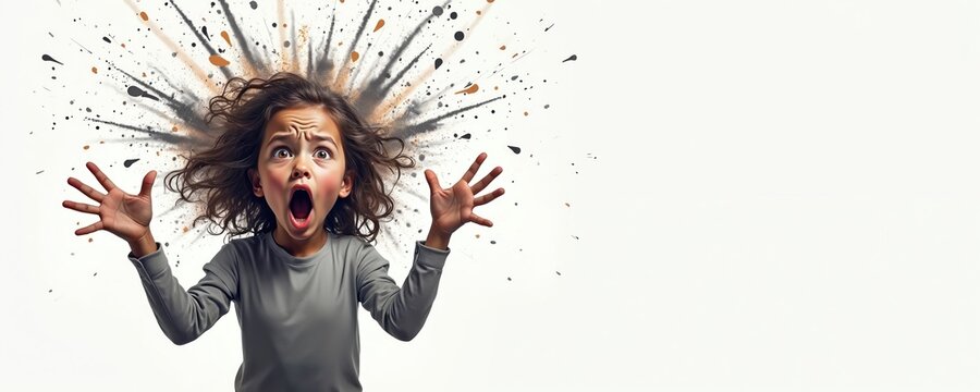 Young girl looks shocked with her mouth open wide and hands raised. An explosion of colorful paint splatters emanates from her head, conveying overload or a sudden idea.