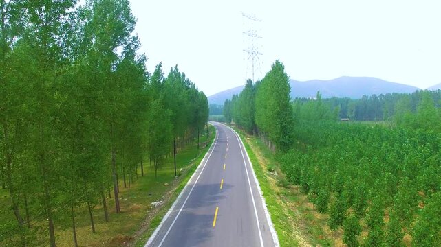 High Voltage Power Tower Along Forest Highway with Mountains