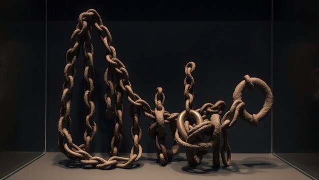 manacles. Ancient rusted chains and manacles displayed inside a museum glass case under soft lighting. event programs, museum guides, designed for cultural heritage projects and event programs.