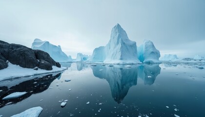Majestic icebergs float in Arctic sea water reflecting blue sky. Jagged rocky shore covered in snow borders calm ocean surface. Glacial landscape shows ice formations melting.