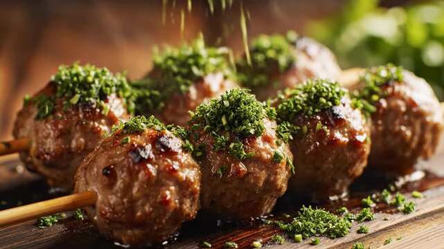 Dynamic close-up of finely chopped fresh green parsley gently falling and seasoning perfectly grilled savory meatballs on wooden skewers preparation, culinary, farm fresh