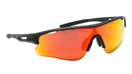 Professional aerodynamic sports sunglasses with red mirrored lenses and black frame, isolated subject with transparency