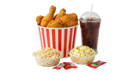 Fried chicken bucket meal with coleslaw mashed potatoes and large soft drink isolated on white background