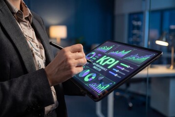 Businesswoman using tablet and stylus to analyze KPI data charts in modern corporate office at night