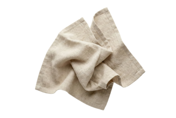 Crumpled beige linen napkin isolated. Natural textile kitchen cloth.