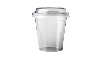 Clear disposable plastic beverage cup with matching dome lid isolated on a solid black background for beverage service presentation.