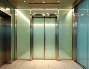 Modern elevator lobby with frosted glass doors, steel lift, and bright interior lighting. Clean, contemporary hallway leads to polished tiled floor.