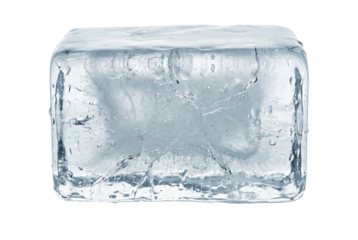 Clear ice cube block isolated. Frozen water brick with bubbles.