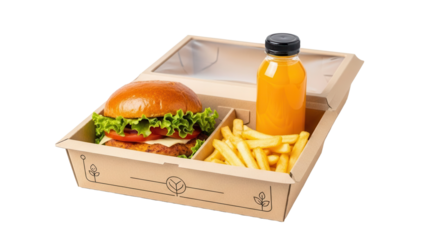 Modern takeaway meal box with chicken burger fries and fruit juice for delivery isolated on white background