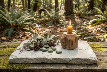 Burning beeswax candle on stone slab with pine cones and river rocks in a peaceful forest setting