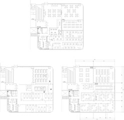 Large Office Interior Design with Optimized Space Planning, Featuring Three Design Concepts and Three Functional Options for a Modern Workplace with Male and Female Restrooms
