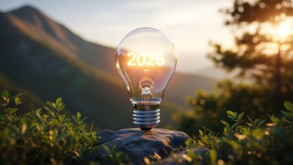 Glowing light bulb in a serene natural setting with mountains