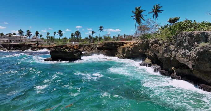 Caribbean sea rocky coastline Dominican Republic, Village Boca de Yuma and beautiful aerial view 