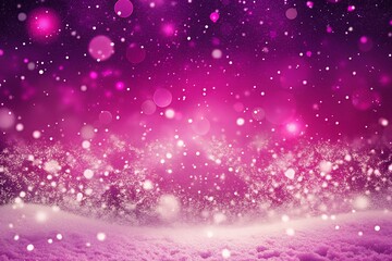 Magical pink snowfall with sparkling white particles on ground