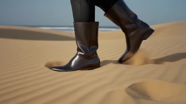 closeup of knee high leather laceless shoes stepping on soft sand