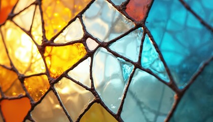 Close up of abstract geometric stained glass mosaic with yellow blue orange red shards. Light shines through colorful glass panes framed by dark lead lines creating a warm, vibrant texture.