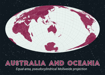 Australia and Oceania. World map. Equal-area, pseudocylindrical Mollweide projection centered to Australia and Oceania. Pale Mint Dark Pink palette. Vintage texture. Charming vector illustration.