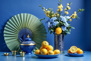 Vibrant still life with lemons and blue flowers in decorative vase on blue background